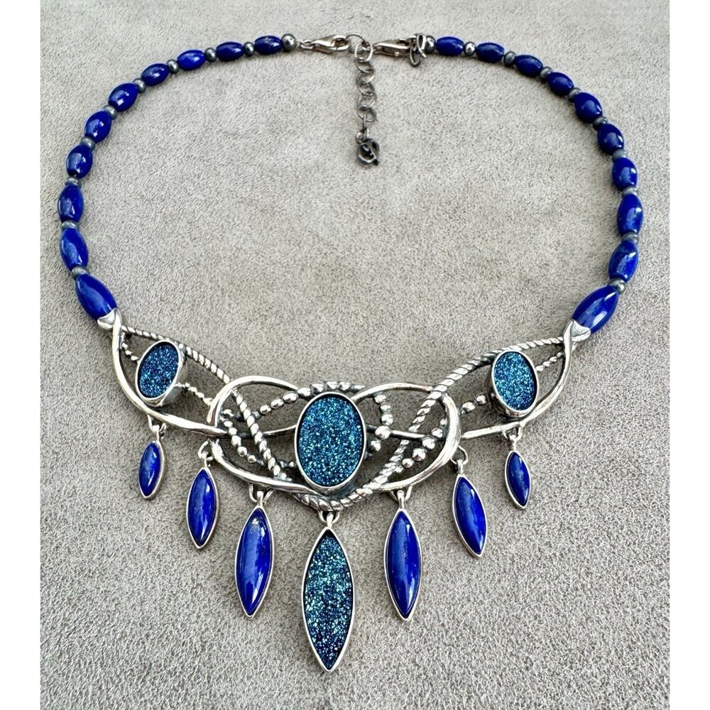 Vtg CAROLYN POLLACK Sterling Silver NECKLACE Lapis DRUZY Lacy FILIGREE Adj + BOX